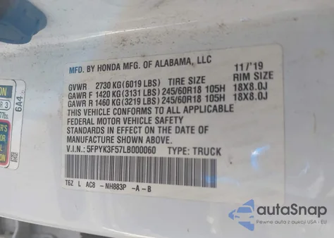 2020 Honda Ridgeline Awd Rtl z USA, uszkodzony, nr VIN 5FPYK3F57LB000060